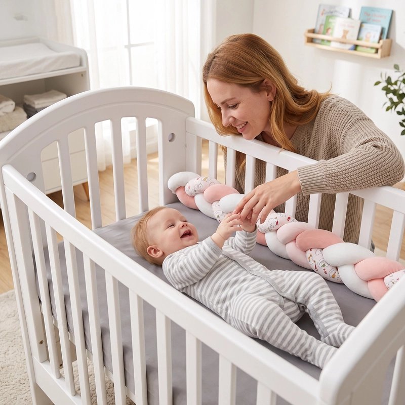 Tresse de lit bébé disposée autour du berceau avec une maman près de son bébé