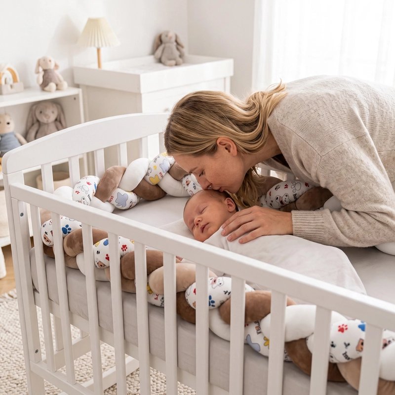 Tresse de lit bébé installée autour du lit avec un bébé dormant paisiblement