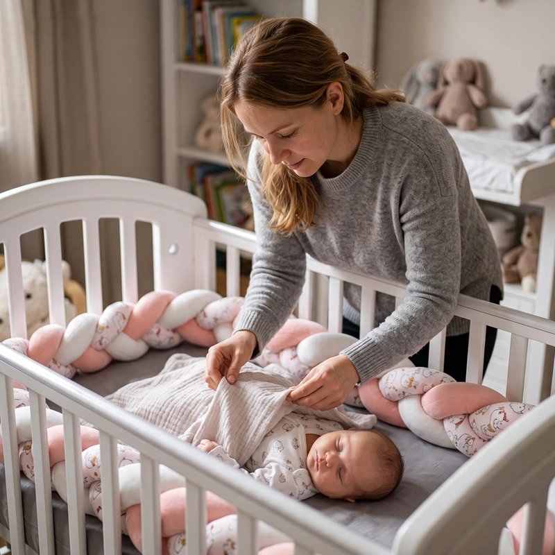 Tresse de lit bébé dans une chambre où une maman s’occupe de son enfant