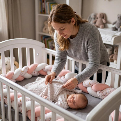 Tresse de lit bébé dans une chambre où une maman s’occupe de son enfant